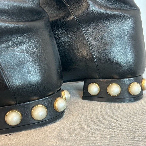 GUCCI ‘Jem’ black leather faux Pearl red blue white velvet stripe riding boot 39 - Picture 10 of 15